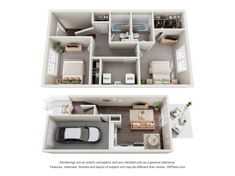 Floor plan for 2 beds, 2 baths, 1036 sqft